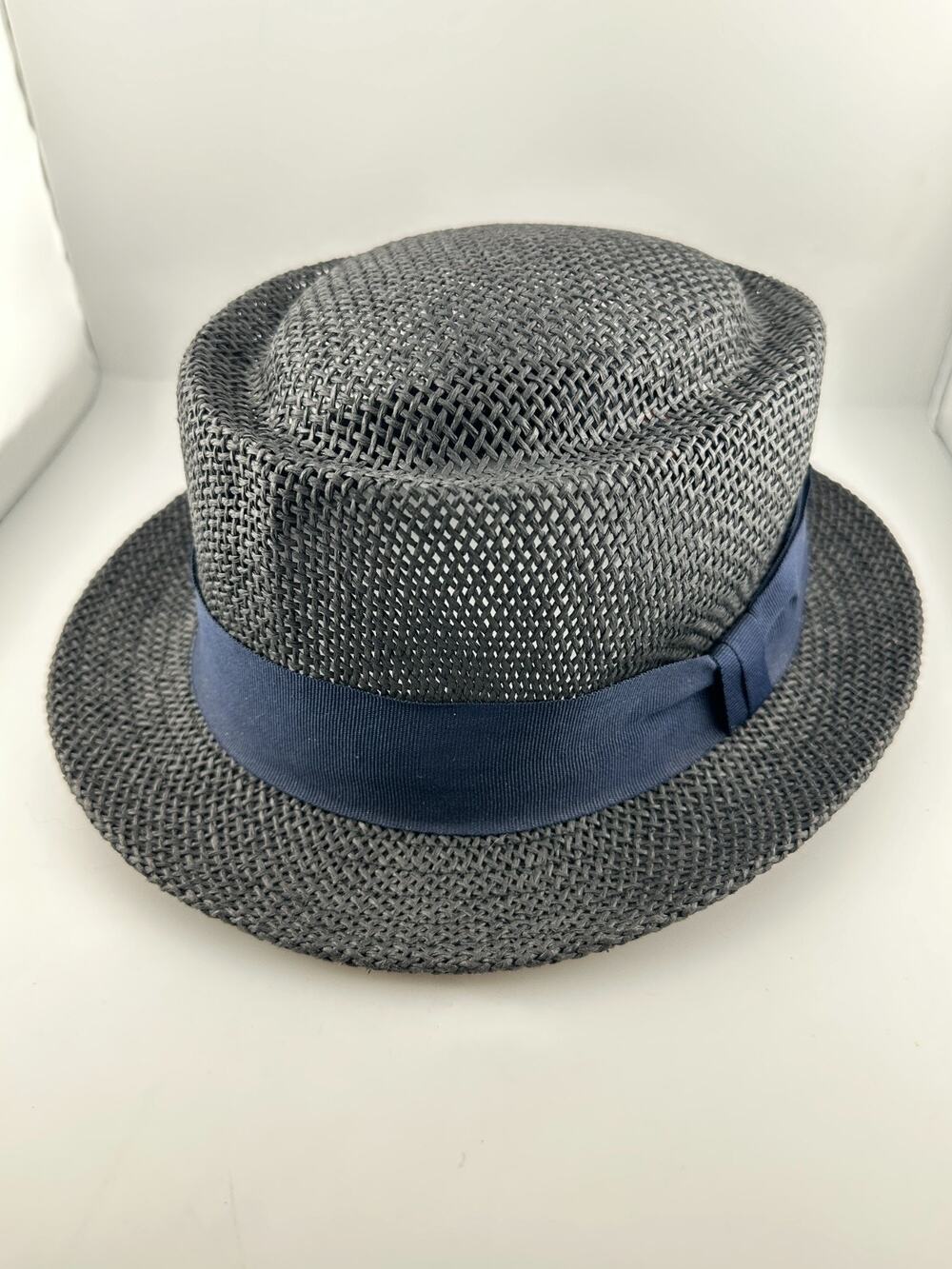Newhattan Black Woven Fedora Trilby Summer Sun Hat Navy Band S/M Lightweight